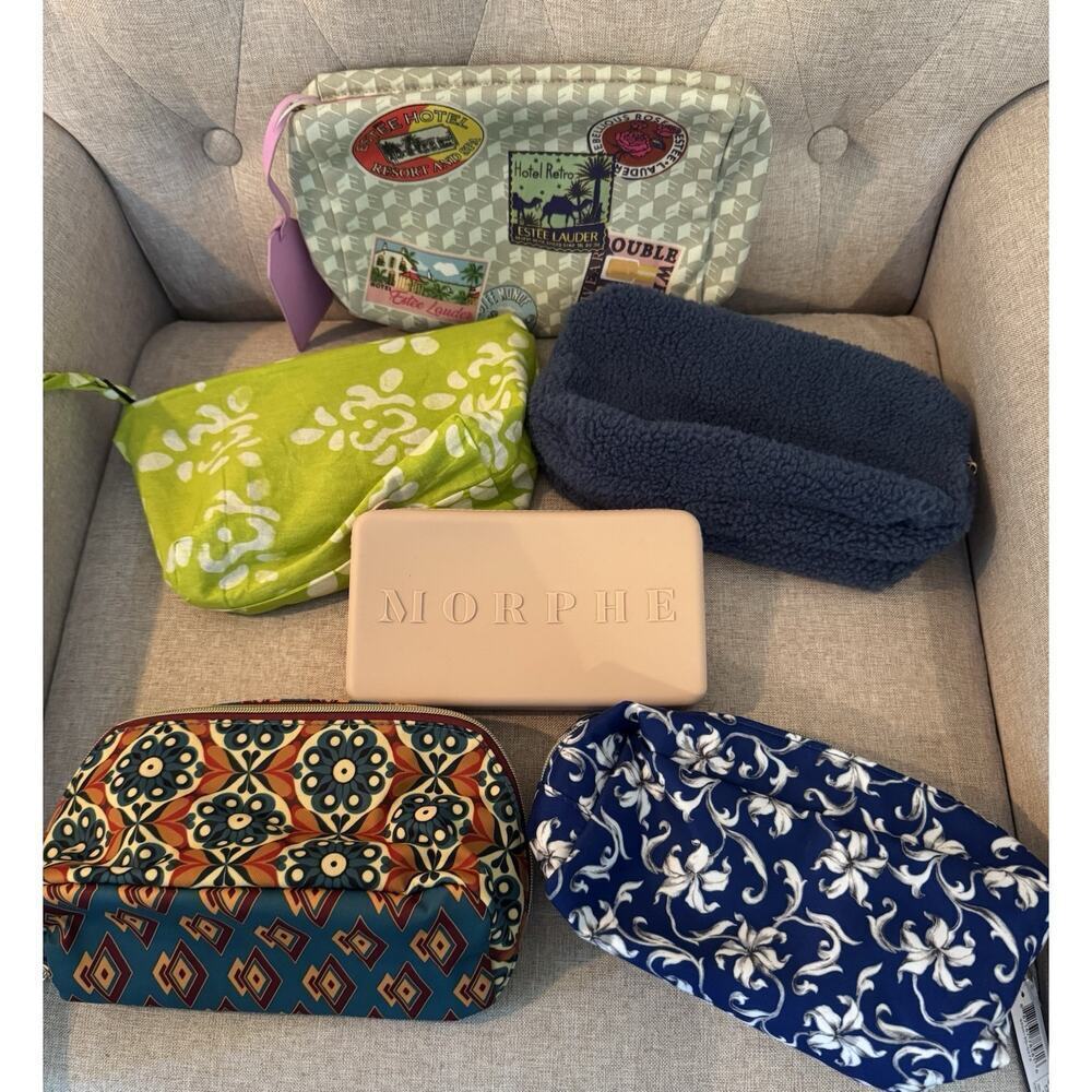 New Lot of 6 Makeup Cosmetic Bags: 3 Estee Lauder, 1 Morphe, 1 Sephora, 1 Other.